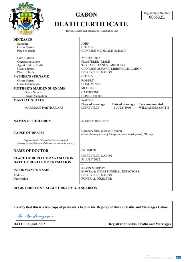 Download Gabon death certificate Word and PDF template Photoshop template